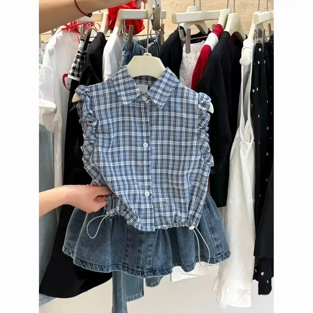 Girls Set 2026 New Childrens Fashion Stylish Turn-down Collar Lace Sleeve Button-up Plaid Shirt Denim Skirt