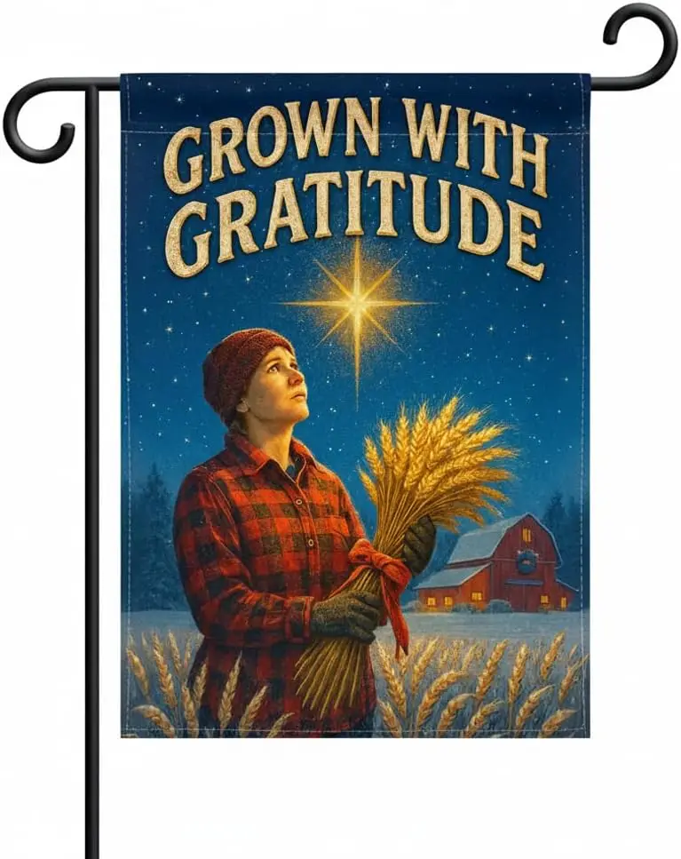 Christmas Farmhouse Garden Flag 12x18 In Doublesided for Thanksgiving Harvest Festivals, Rustic Outdoor Decor, Grown Gratitu LLG