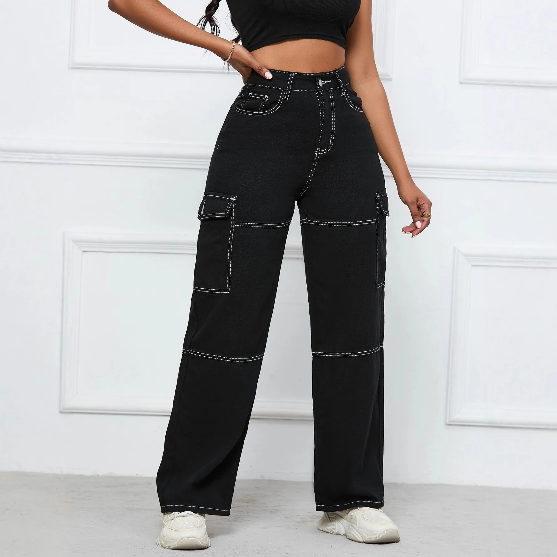 European and American New High Waist Side Waist Pocket Straight Jeans Women Loose