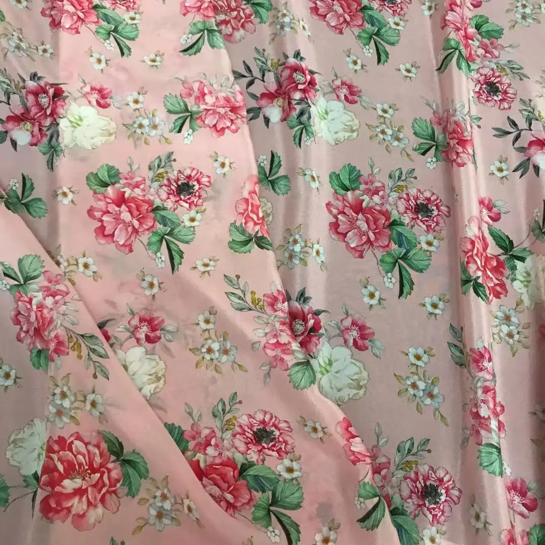 1 meter 100% Mulberry Silk 14 momme Crepe Silk Fabric Pink Floral Printed 138cm 54