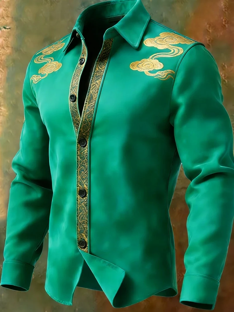 Men's Retro Gold Cloud Pattern 3D Printed Long Sleeved Casual Shirt Plus Size Streetwear Daily Fashion