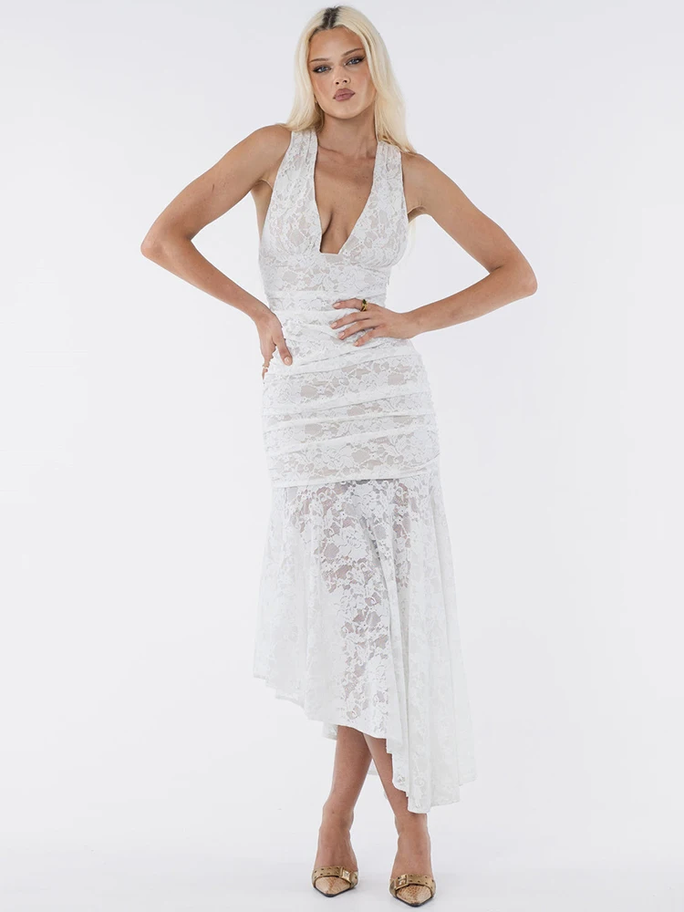 Nieuwe Kant Ruches Sexy Maxi Jurk Vrouwen Jurk Wit Patchwork Diepe V-hals Mouwloos Backless Hoge Taille Lange Tank Jurk