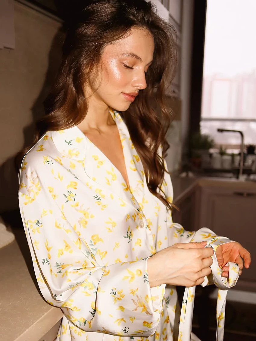 Marthaqiqi Printing Female Nightgowns Set Long Sleeve Robe Turn-Down Collar Sleepwear Lace Up Pajamas Pants Loose Nightwear Suit