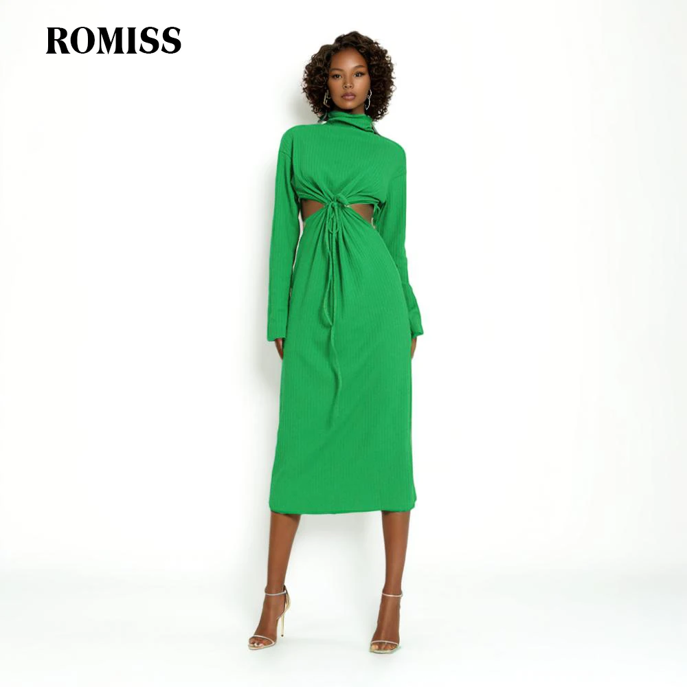 ROMISS Solid Hollow Out Knitting Dresses For Women Turtleneck Long Sleeve High Waist Patchwork Lace Up Slimming Dress Female