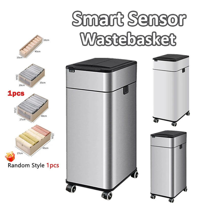 

Wastebasket Kitchen 30L 50L 60L Large Stainless Steel Smart Trash Can Home Automatic Sensor Waste Bins with Wheels Garbage Can