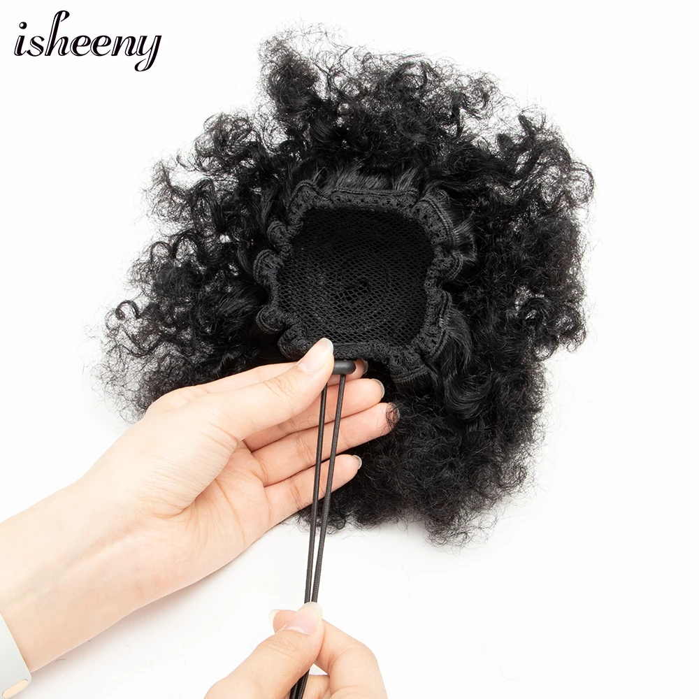 Afro perwersyjne kręcone kucyk bułeczki Chignon doczepy z ludzkich włosów Afro Puff sznurek kręcone kucyk Remy ludzkie włosy dla czarnych kobiet