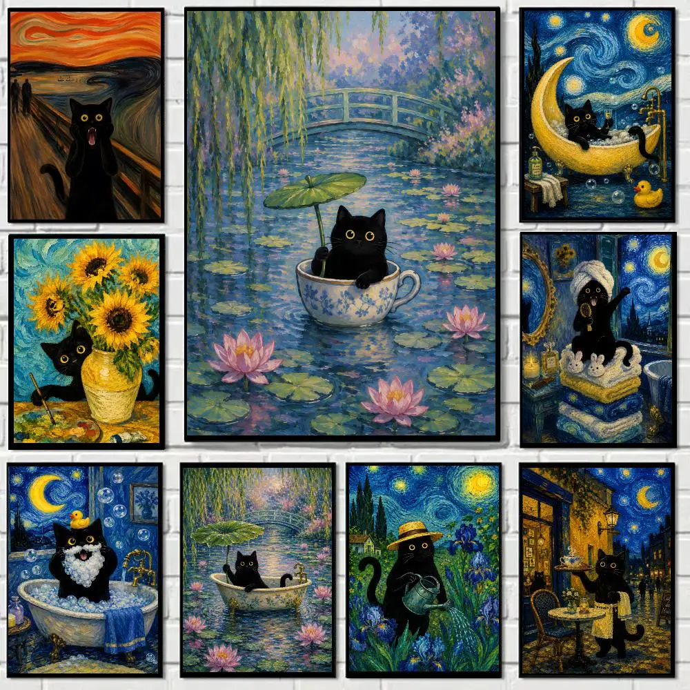 Van Gogh black cat classic wall art Poster Self-adhesive Advanced Aesthetic Printing Paper Wall Art for Living Room Home Decor