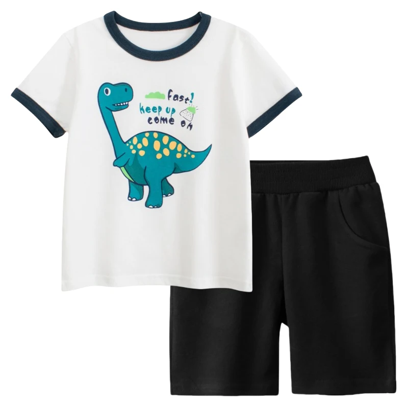 

Комплекты с изображением динозавра для мальчиков, новинка 2023 года, лето, детская футболка с короткими рукавами + однотонные шорты, детский спортивный костюм, 2 шт., От 2 до 9 лет, дропшиппинг