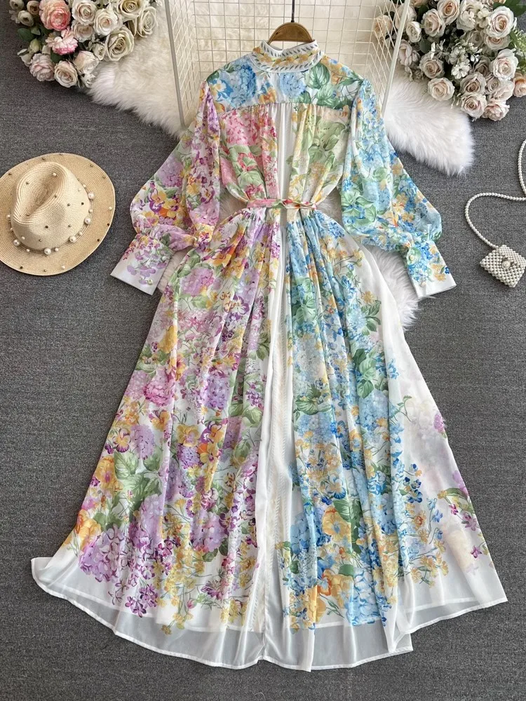 2024 Mode Bohemian Blume Maxi kleid Damen ständer lange Laterne Ärmel einreihig Blumen druck Schnürung lose Boho Robe