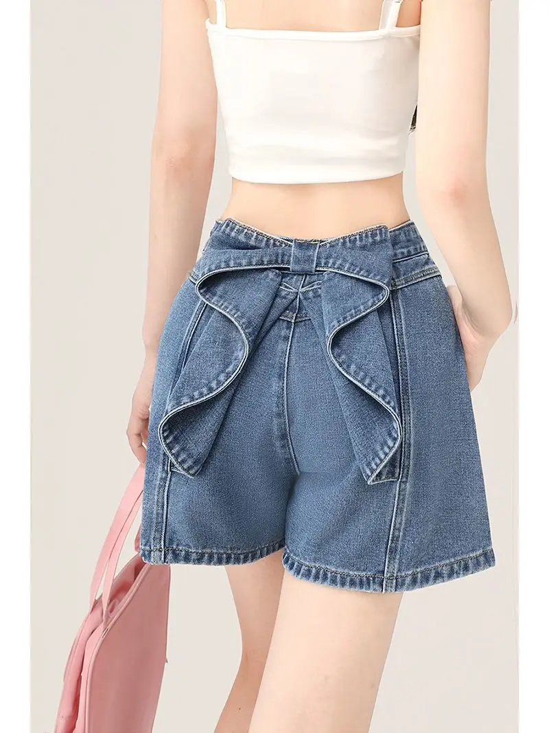 

Women's 2025 Summer High Waist Loose Straight Denim Shorts Bow Knot Design Stretchy Casual Comfort Plus Size Fashion Hot Pants‌