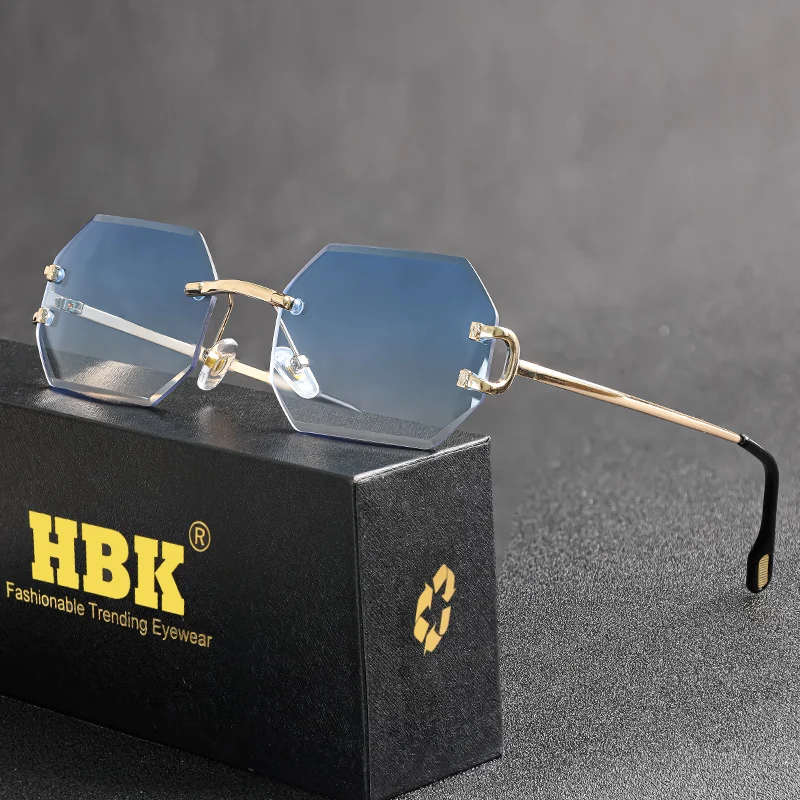 HBK Rimless Polygon Men's Sunglasses Octagonal Vintage Shades Gradient Traveling UV400 Women Sun Glasses Party Business