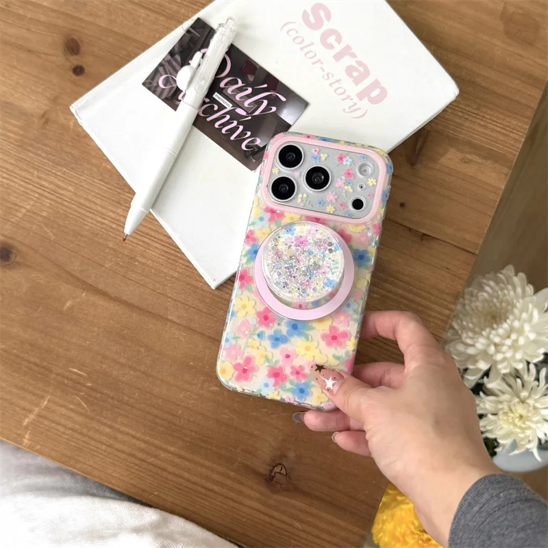 

Korean Ins Floral Magnetic Case For iPhone 15 16 17 Pro Max Cute With Glitter Stand Shockproof Cover For MagSafe funda iphone