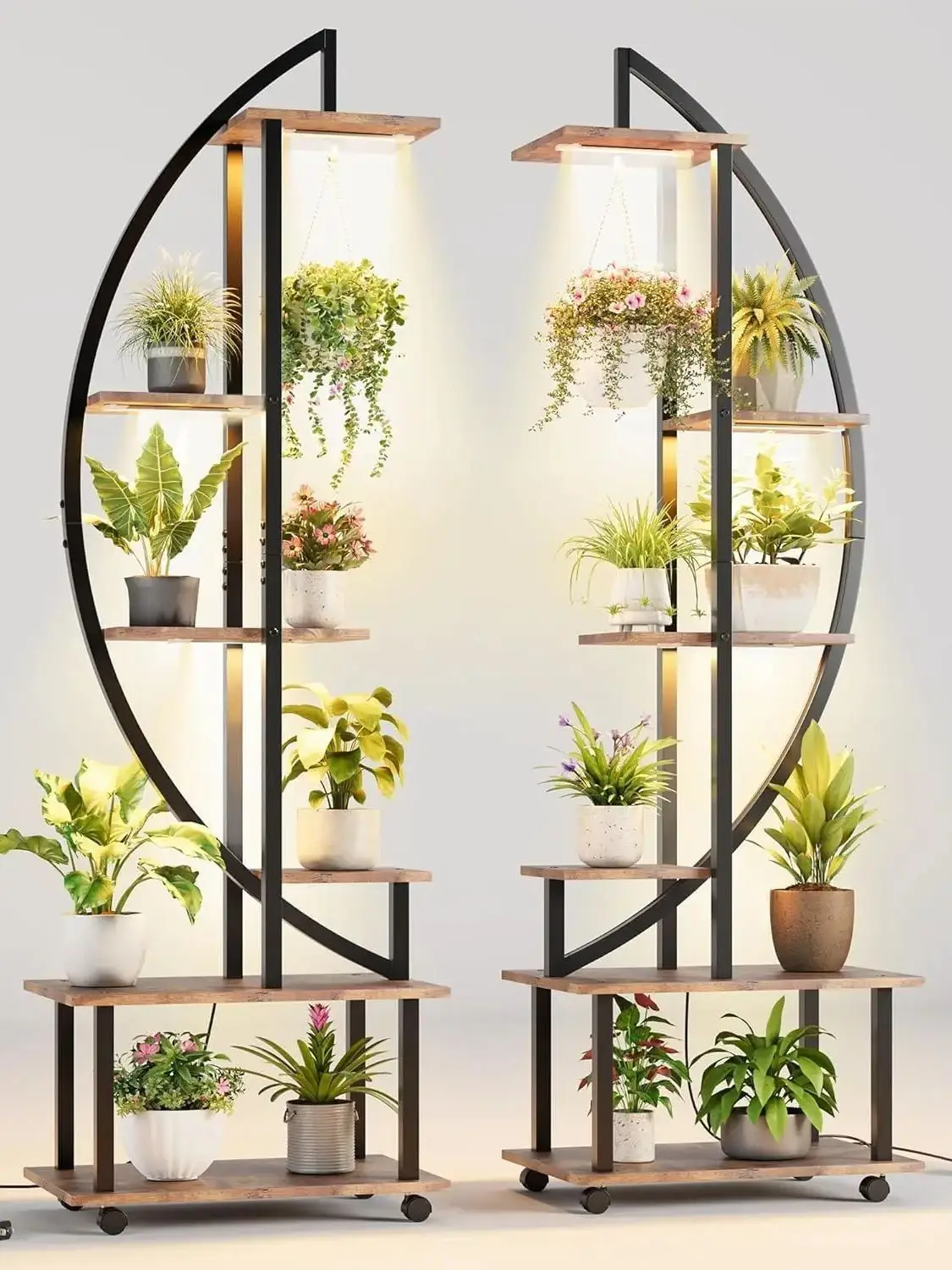 Supports pour plantes avec lumière de croissance/roulettes roulantes, supports pour plantes intérieurs à 6 niveaux de 175cm de haut, grand support pour plantes pour intérieur et extérieur, 2 pièces