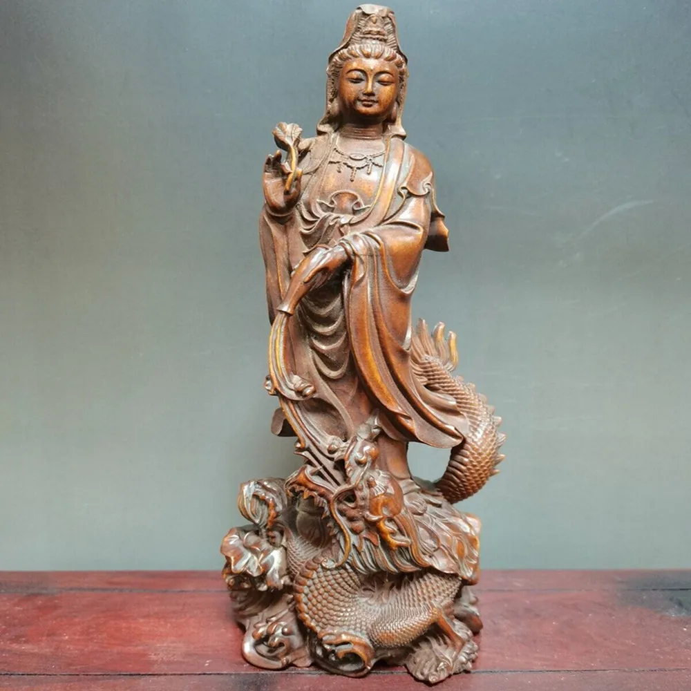 Chinese Antique Boxwood Carved Dragon Kwan Yin Statue Home Decor Sculpture Art