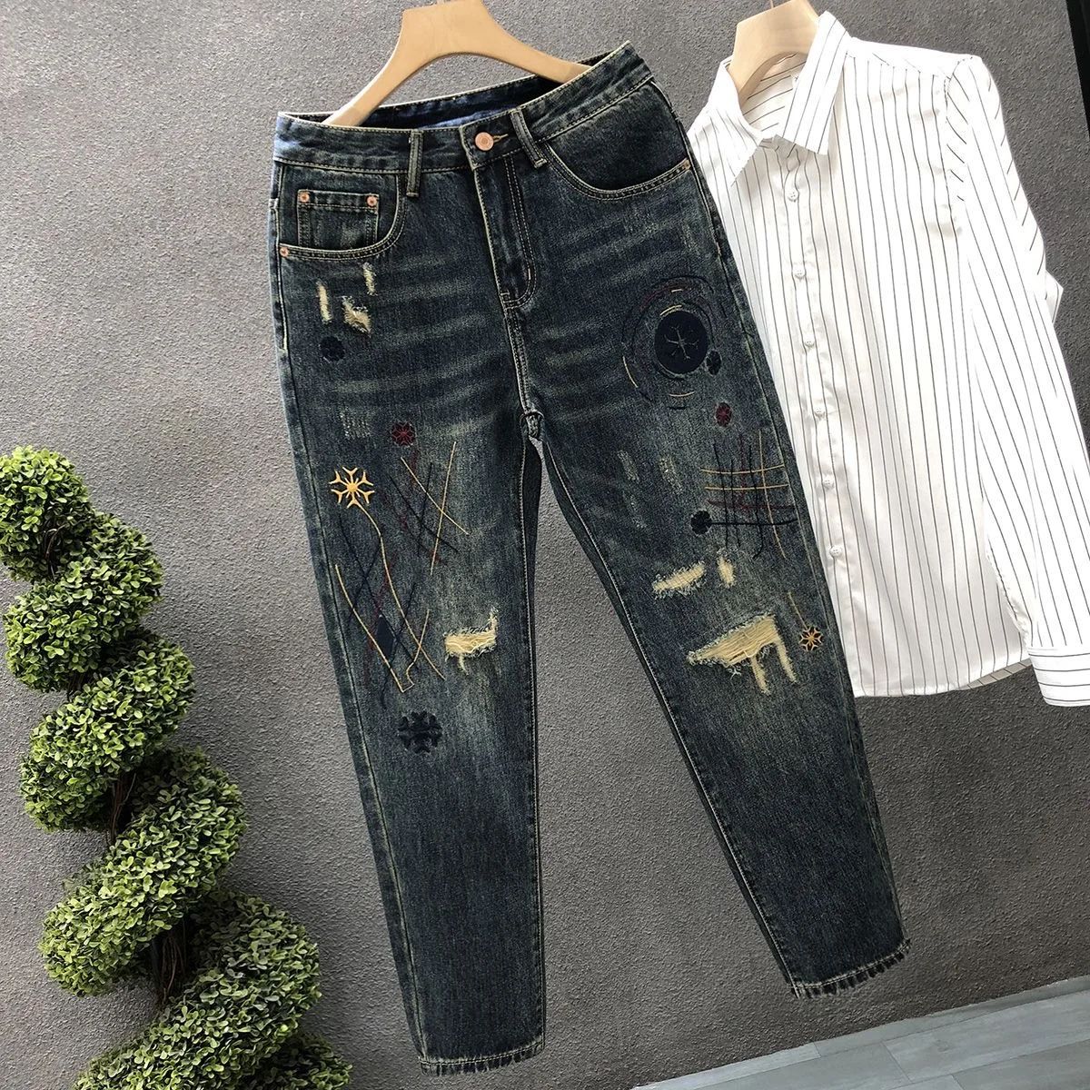 Spring and Autumn Fashion Trend Printed Straight-Leg Stretch Denim Jeans Men's Casual Comfortable Sports High-Quality Trousers