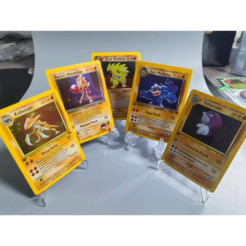 

Карты с покемонами Diy Ptcg, английский базовый набор, голографический бой, тип кабутопов, ракетный хитомончан, темный мачете, тирантарная карта Poliwrath