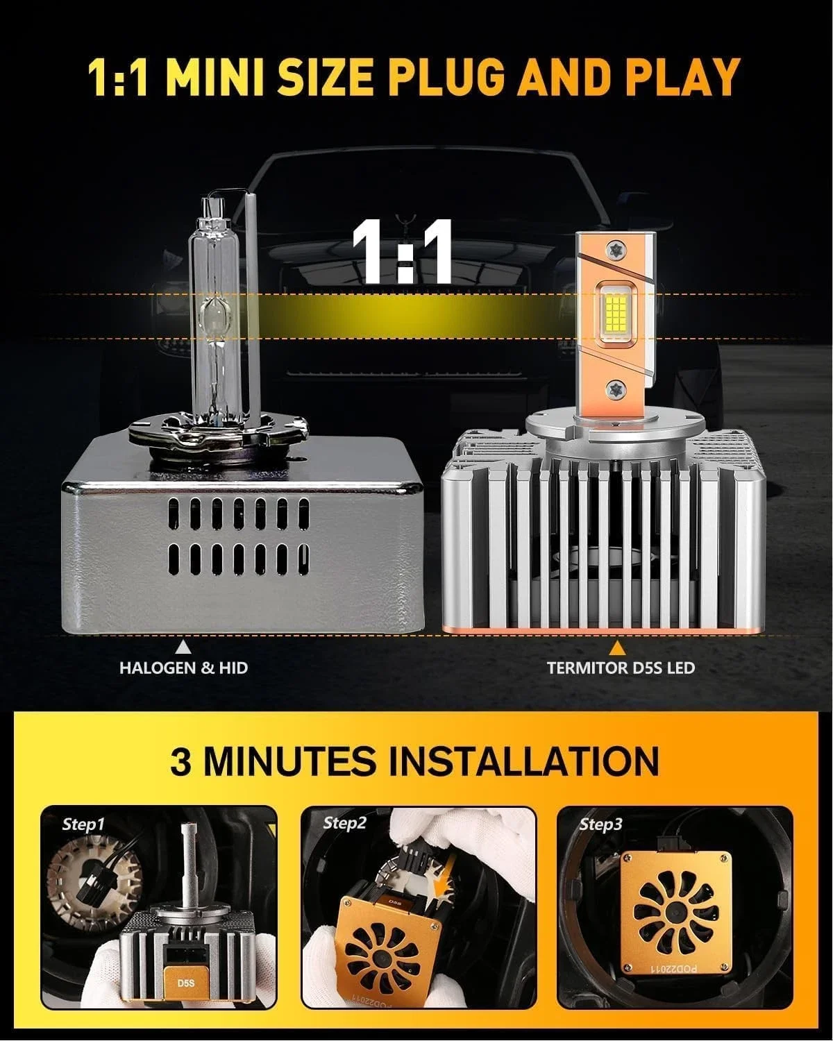 Fahren Termitor Brightest D5S D5R Headlight Xenon HID Bulbs 990000 Lumens 6500K Cool White  for Offroad Use, Cool White, 2Pcs | True 1:1 Halogen Size, IP68 Waterproof, Long Lifespan, 3-Min Quick Install UTV ATV Off Road Car High Low Lamp Lights Beam