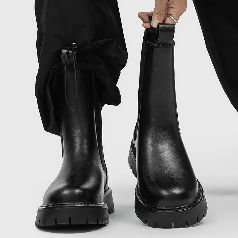 British style mens casual high motorcycle boots black white original leather shoes cowboy platforom boot autumn winter long bota