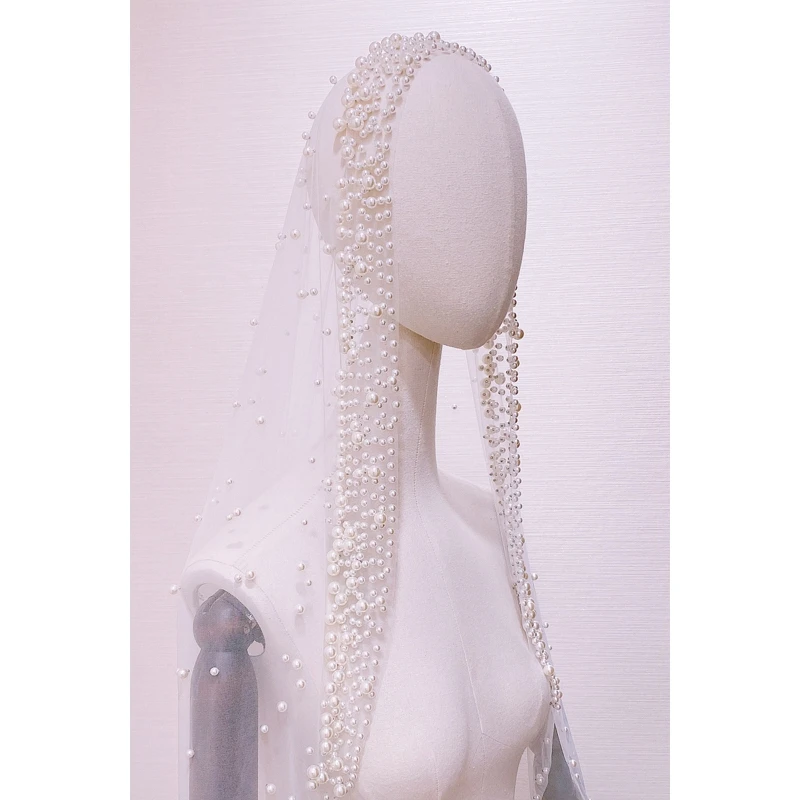 300*300 CM Luxury Cathedral Wedding Veil Trailing Handmade One Layer Pearl Beading Headpiece Women Bridal Accessories Off White