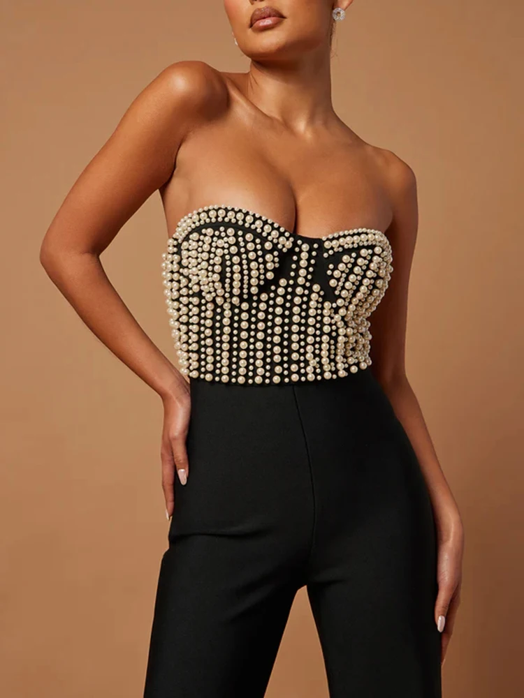 Glamorous Pearl-Embellished Strapless Slimming Backless Jumpsuit Micro Flare Pants For Upscale Dinners & Nights Out Vestido
