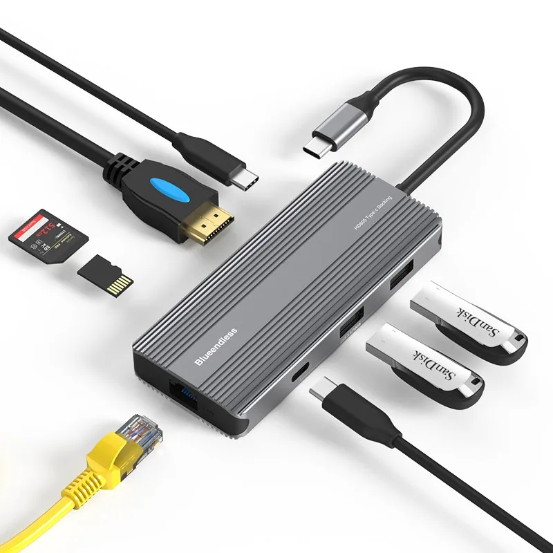 8K 30Hz 4K 60Hz HDTV Video Docking Station USB Type C Hub 8 In 1 with 1000M RJ45 Ethernet PD 100W Fast Charging USB C Hubs