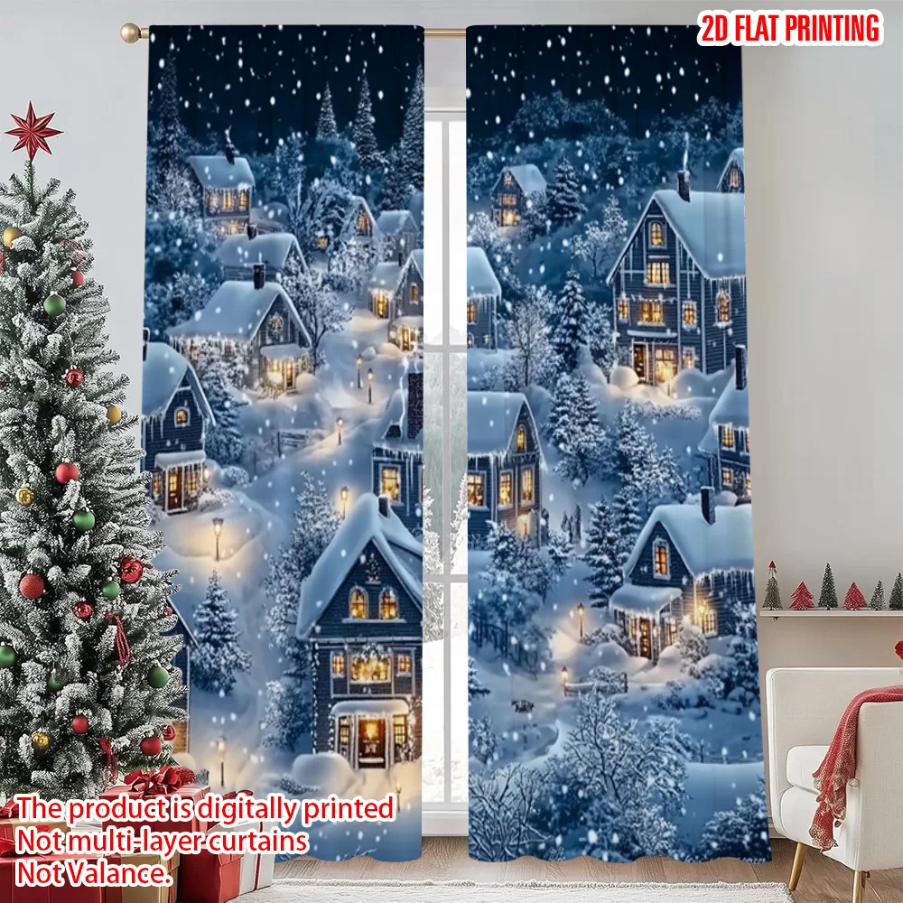 

2pcs 2D flat printing Merry Christmas Window Drapes Christmas Town Snow Scenery Versatile Durable Polyester Without Electricity