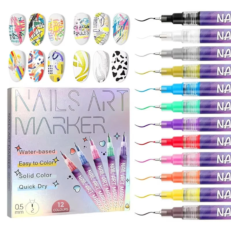 12Pcs/Set Nail Acrylic Graffiti Pen Colourful Nail Marker Drawing DIY Beauty Nail Art Tool Waterproof and Quick Drying Nail Mark