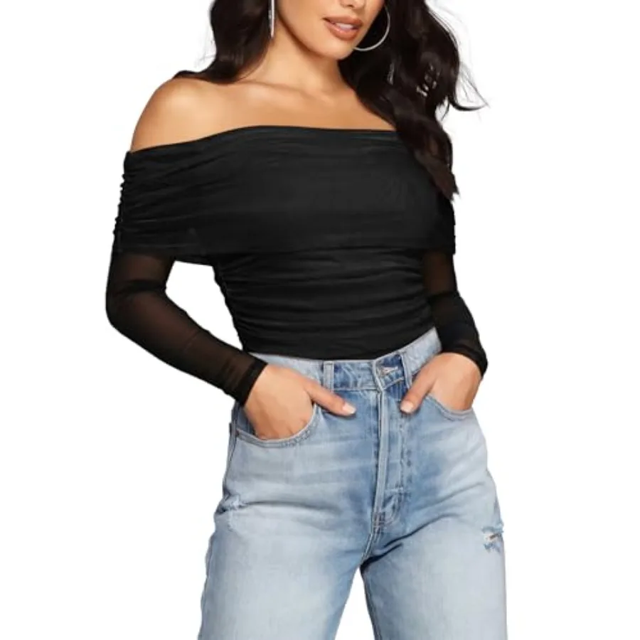 

SAUNGKUAI Women's Off The Shoulder Long Sleeve Bodysuit Sexy Slimming Body Suit Tops Sheer Mesh Ruched Fall Outfits 2026