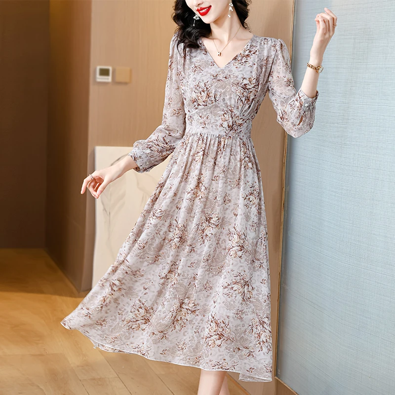 2024 Zomer Luxe Chiffon Bloemenprint Casual Midi Jurk Dames Vintage Elegante Chique Jurk Vakantie Boho Strand Avondjurken