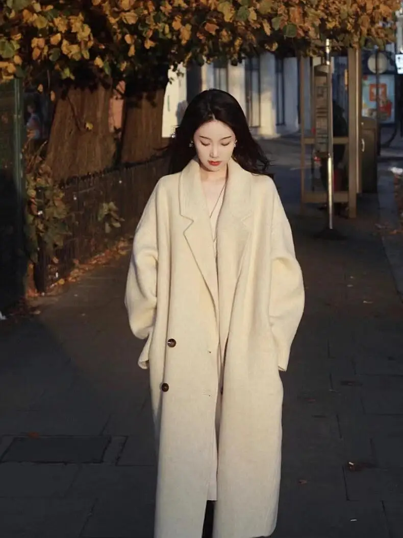 Oat white double-sided cashmere coat for women, mid-length, 25 autumn and winter new Korean style, super beautiful wool and wool