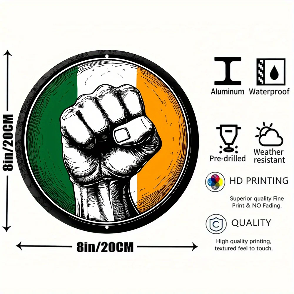 2D Flat , Irish Flag with Celtic Fist Symbol Wall Plaque  Themed Round Metal Sign for Everyday, Irish And Office Decor