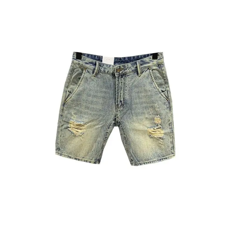 New Harajuku Designer Vintage Knee Length Denim Shorts for Men Casual Summer Wear Distressed Ripped Holes Washed Boyfriend Jeans