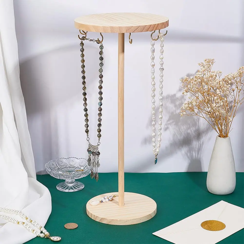 Wood Necklace Display Stand Tall Round Rotating Jewelry Organizer Wooden Display Tower Storage Accessories for Bracelet Necklace