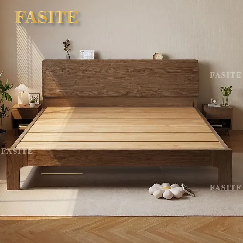 For 1.5m 1.8m All Solid Wood Bed Modern Simple Oak Walnut Double Bed Frame Master Bedroom Household Furniture Sturdy Durable