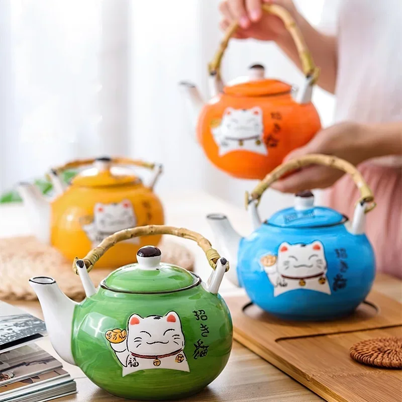 Japanese Creative Multicolor Cartoon Lucky Cat Ceramic Coffee Tea Set Chinese Style Wooden Tray Lift Beam Pot Tea Cup Set