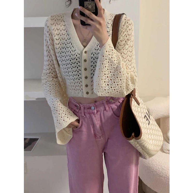 Button Front Pointelle Knit Cardigan Sheer Crochet V Neck Bell Sleeve Sweater for Women Spring Summer Casual Outfit