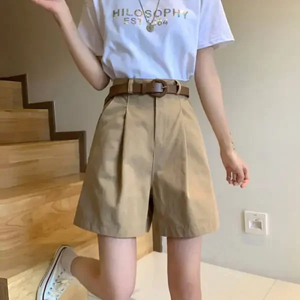 Women\' Summer Casual Shorts 2025 New Streetwear with Belt Cotton Wide Leg Shorts Female High Waist Straight Knee Length Pants