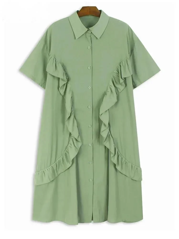 

Women Green Ruffles Irregular Casual Big Size Shirt Dress New Lapel Short Sleeve Fashion Tide Spring Summer