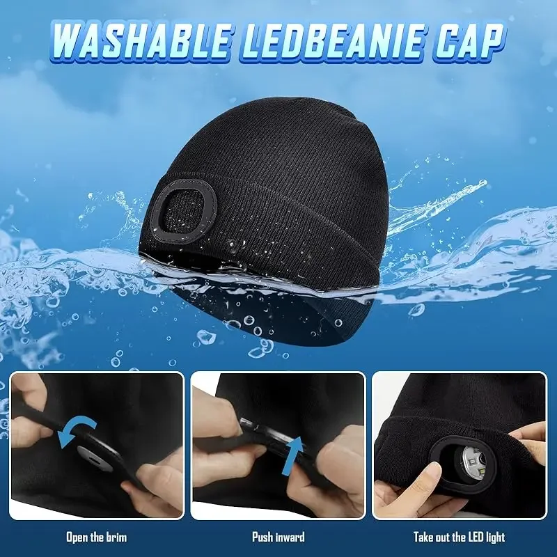 قبعة صغيرة LED مع قبعة شتوية دافئة خفيفة للجنسين، كشافات أمامية قابلة لإعادة الشحن عبر USB، قبعة شتوية محبوكة مضاءة ليلاً، مصباح يدوي #3