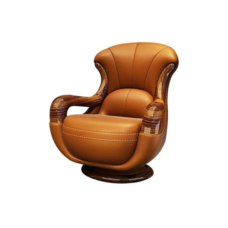 Ebony wood single sofa chair rotatable casual solid wood high-back leather chair