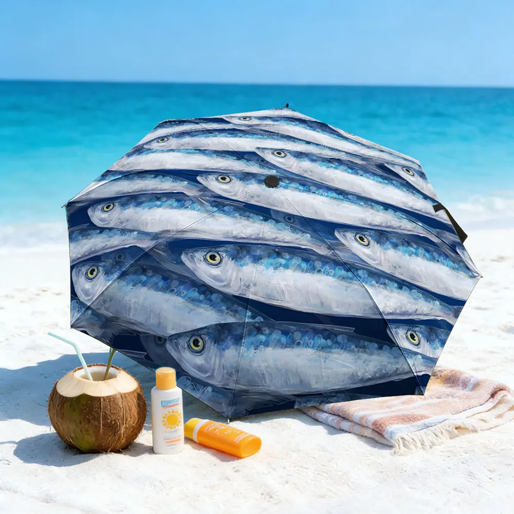 1PC Unique Fish Pattern Umbrella at a Scenic Lakeside Print 8 Iron Ribs Folding Umbrella Auto-Open Fashion Sunshade
