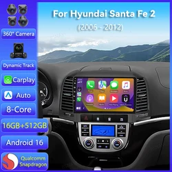Android 16 Carplay Auto For Hyundai Santa Fe 2 2006 2007 2008 - 2012 Multimedia 2K Screen Car Radio Player WIFI+4G DSP Stereo