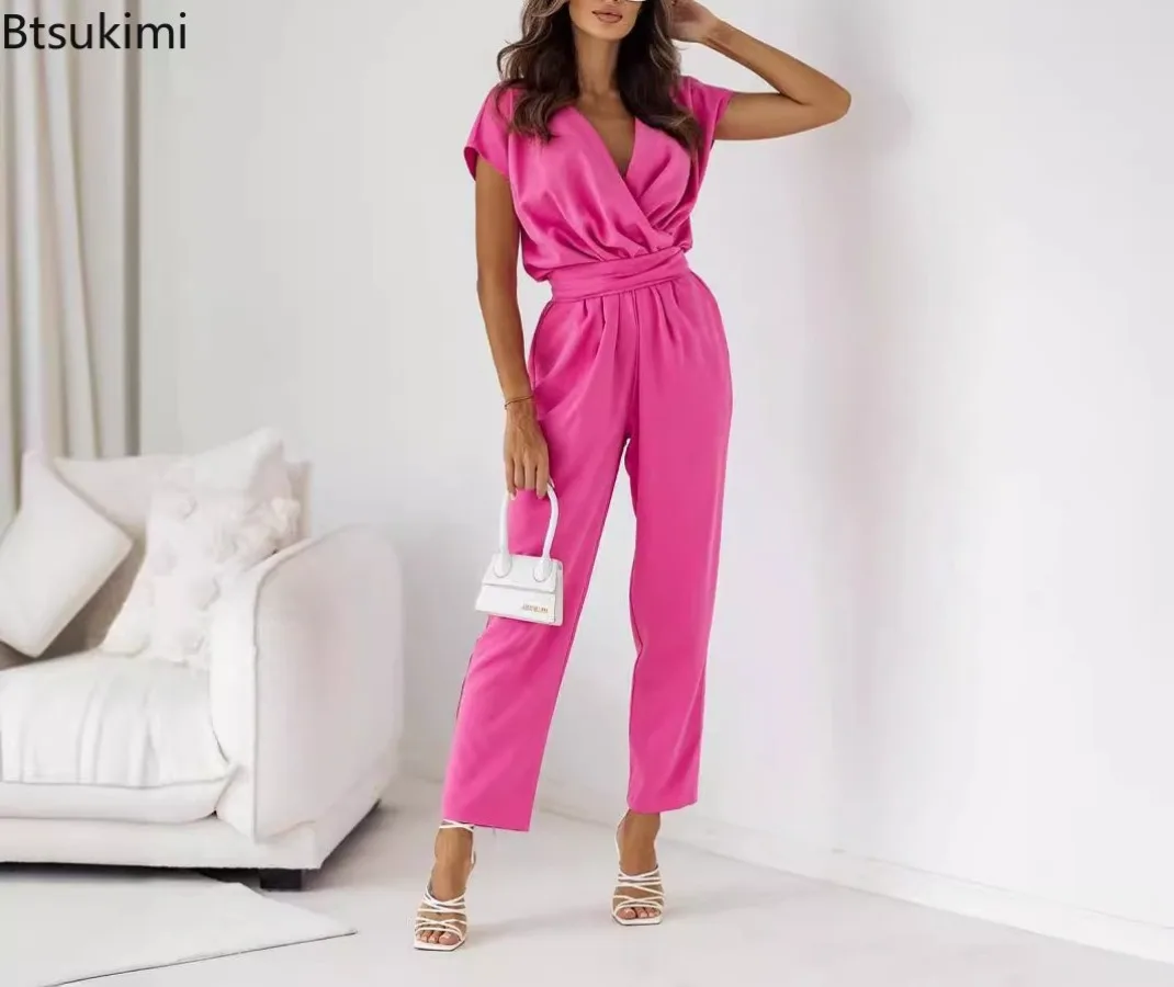 New 2025 Women's Summer Slim Fit Overalls Solid Casual Short Sleeve V Neck Elegant Jumpsuits Elegant Commuting Jumpsuit Female
