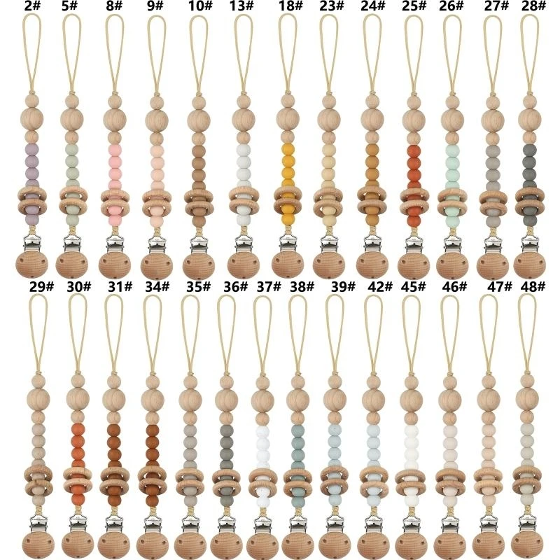 M76C Klip Dot dengan Manik Tumbuh Gigi Silikon Cincin Kayu Klip Teether Rantai Dot Keselamatan Bayi Penenang Rantai Mainan