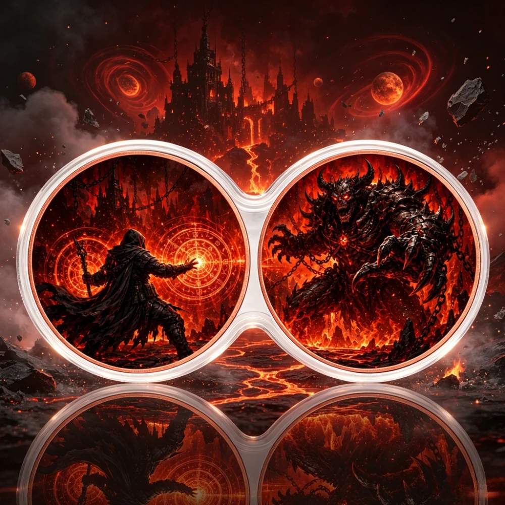1oz .999 Fine Copper Coin Connected Twin Round Seamless Hell Mage Vs Horned Demon Lava Dark Castle Challenge Coins Decor Gift