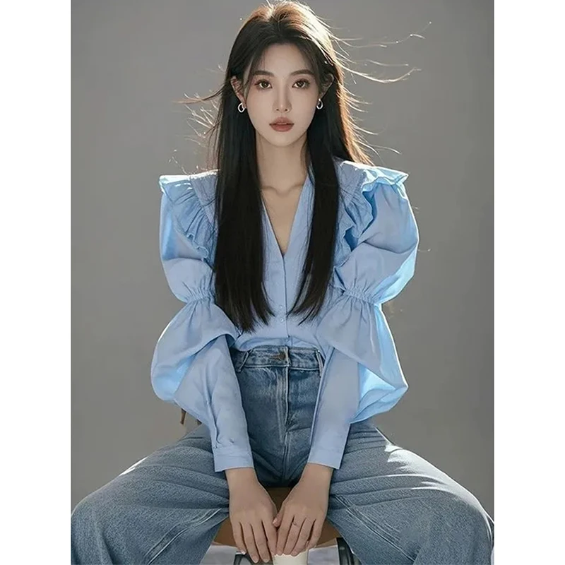 

Женская синяя блузка с пышными рукавами, весенне-осенняя, с длинным рукавом, с рюшами, в стиле пэчворк, в милом корейском стиле, женский топ