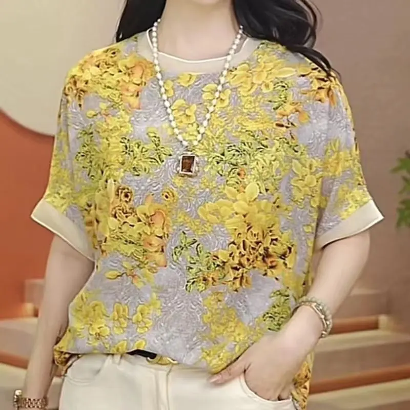 Women Stylish Floral Print Mesh Patchwork Short Sleeve T-shirt 2024 Summer Casual Round Neck Loose Pullover Tops Female Clothing