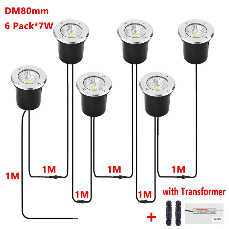 12V LED Buried Spotlight IP67 Waterproof Outdoor In-ground Light with Transformer 1M Waterproof Cable Garden Landscape Lighting