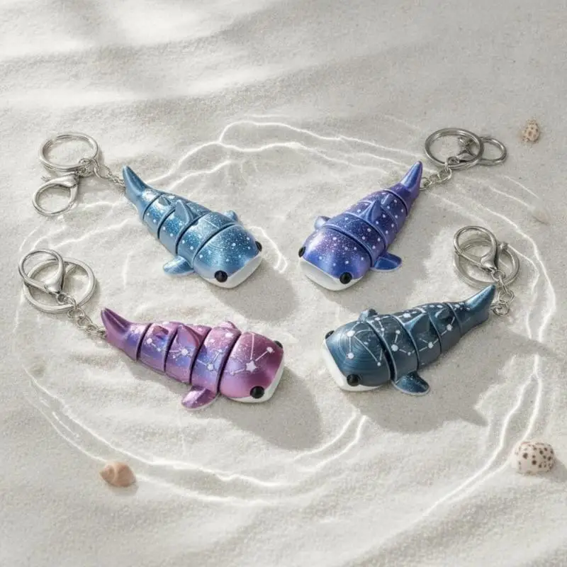 3D Printed Galaxy Gradient Marine Animal Keychain Movable Shark Pendant for Car Key Accessory