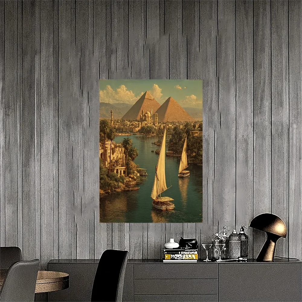 (No frame)1pc Egyptian Pyramid Canvas Art/Great Pyramid of Giza & Nile River Landscape Painting with Vintage Middle Eastern A